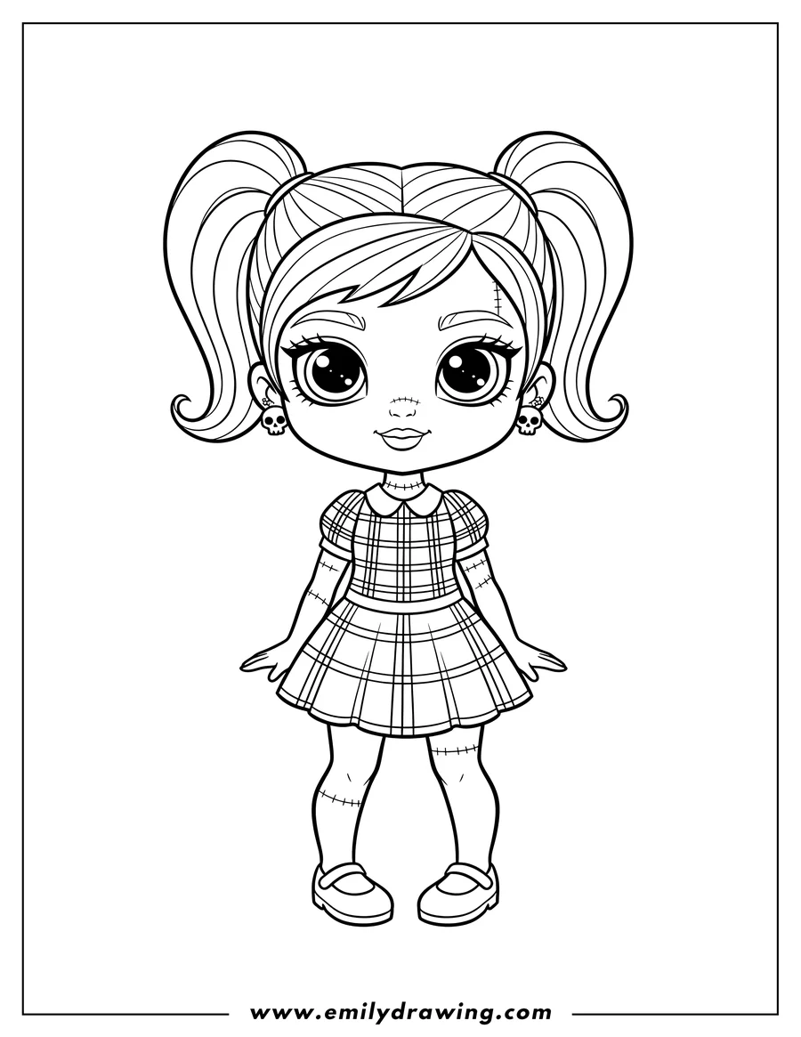 Doodle style coloring picture of chibi Frankie Stein Monster High Preschoolers, standing in a plaid dress with skull earrings
