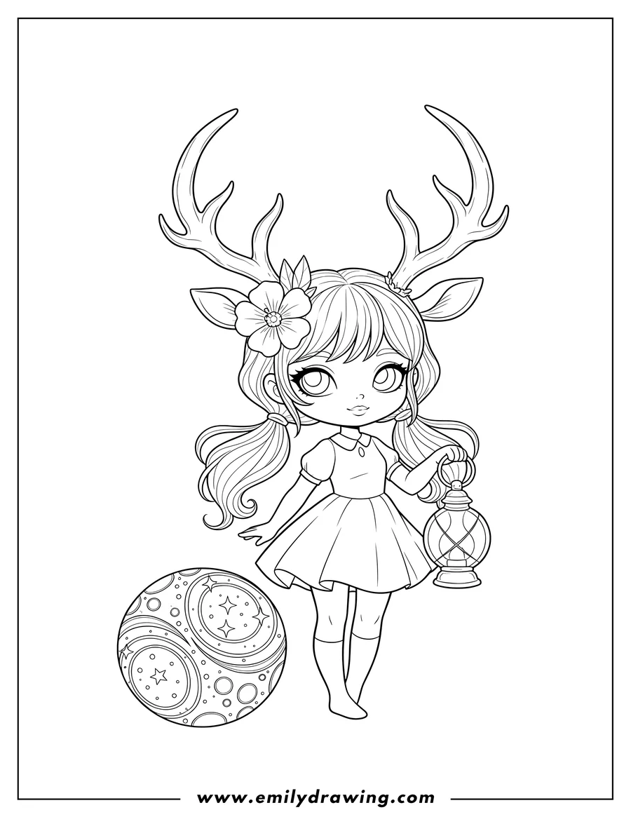 Free printable coloring sheet of chibi Girl With Large Antlers, a flower in her hair, holding a lantern, standing next to a starry ball