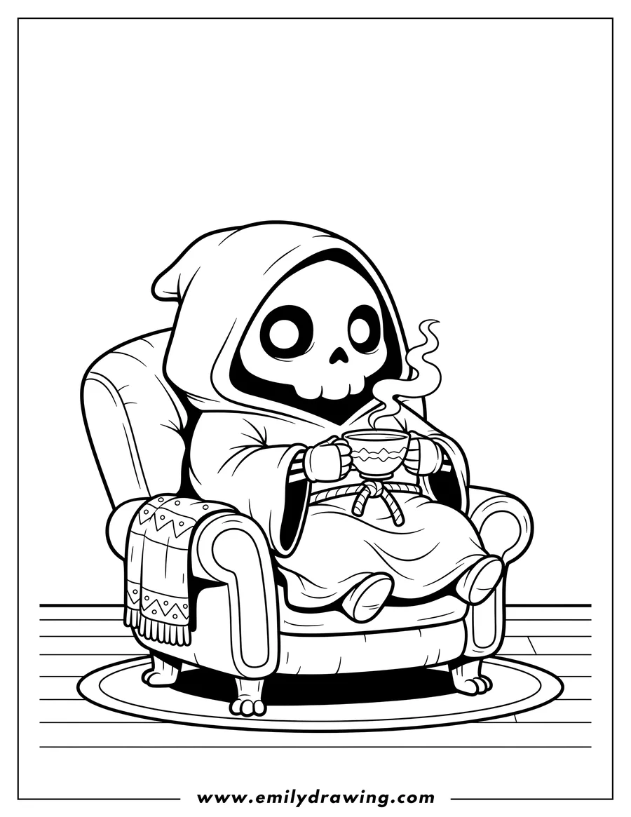 Free printable coloring sheet of chibi Grim Reaper sitting cozily in an armchair, holding a steaming cup of tea
