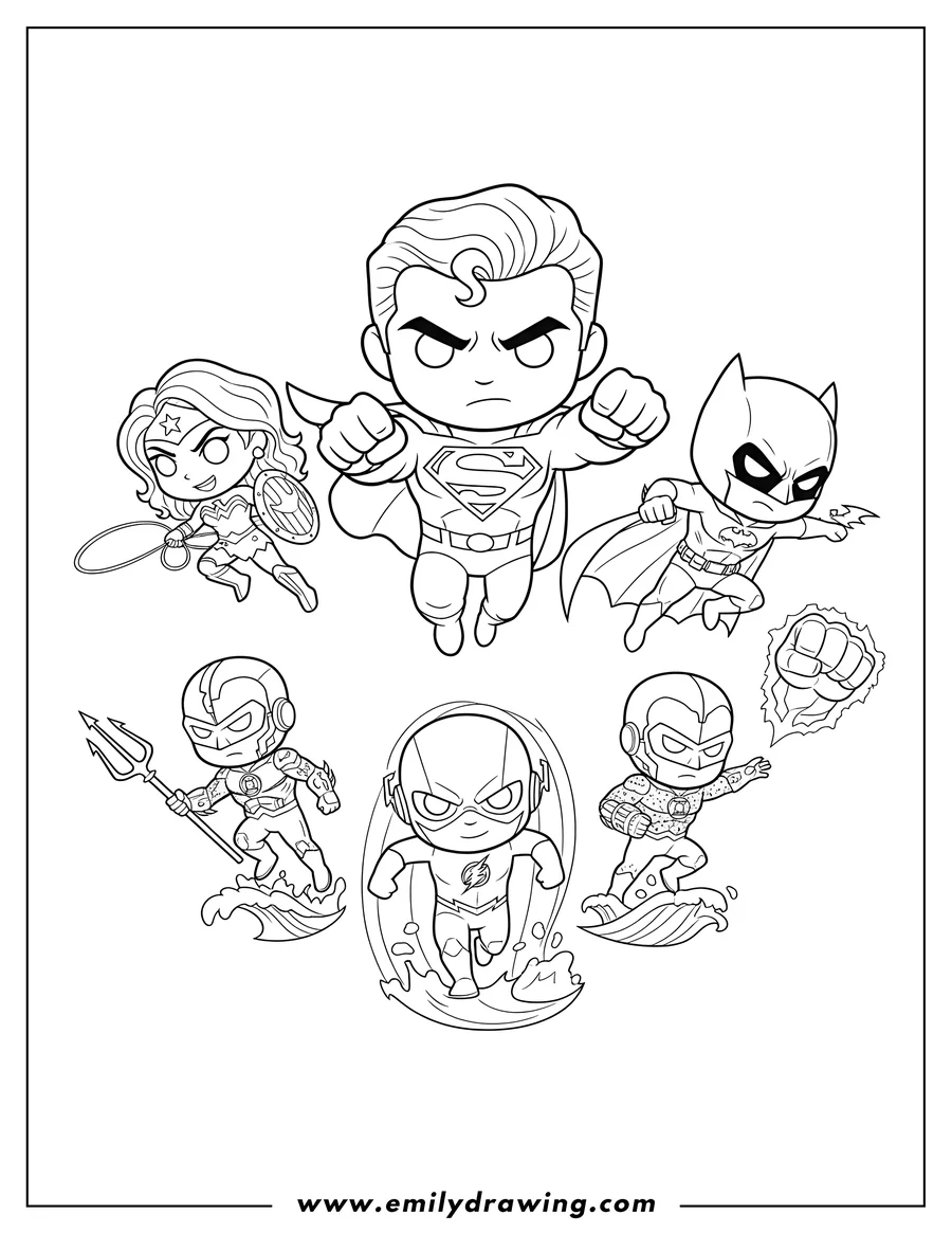 High quality printable chibi Justice League Heroes in dynamic action poses for coloring