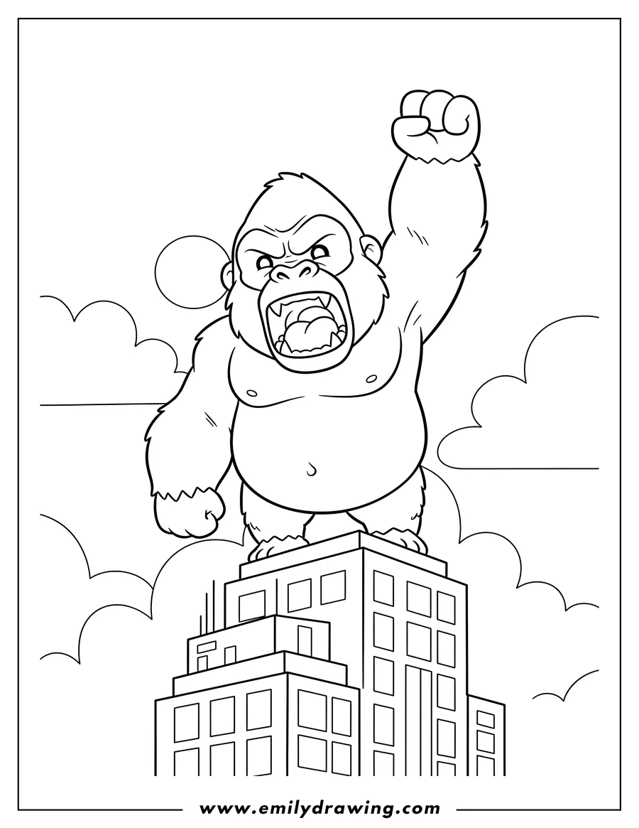 Coloring sheet featuring chibi King Kong roaring and waving fist on a skyscraper, for preschoolers