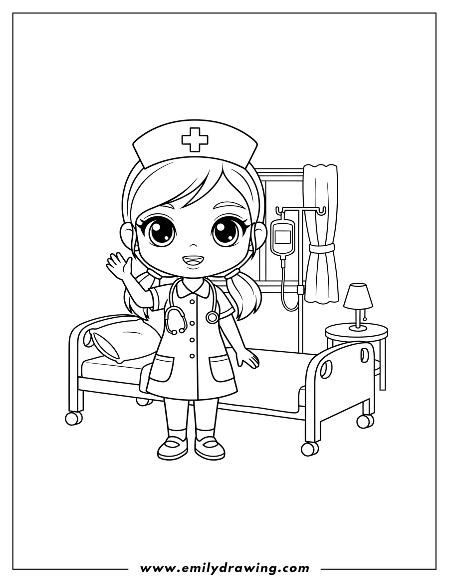 Coloring page for kids: chibi Nurse Hospital Room, standing next to a bed, waving, with a stethoscope