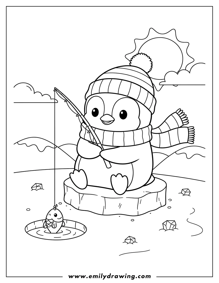 Clean line drawing: chibi Penguin With Hat And Scarf Ice Fishing Winter, holding a fishing rod with fish in the water