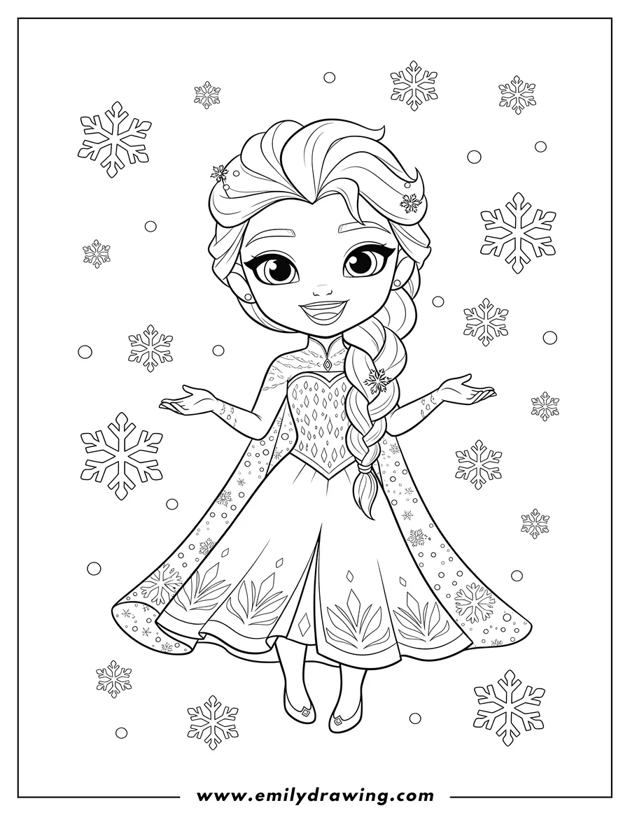 High quality printable chibi Princess Elsa Snow, smiling, with a long braid, falling snowflakes for coloring