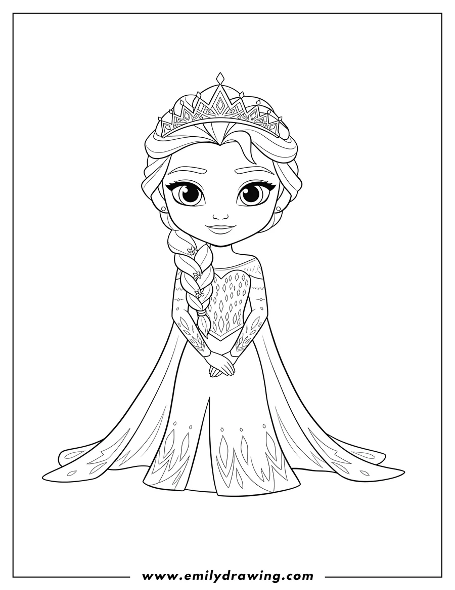 Downloadable coloring page of chibi Queen Elsa with crown, a side braid, hands clasped, and a gentle smile