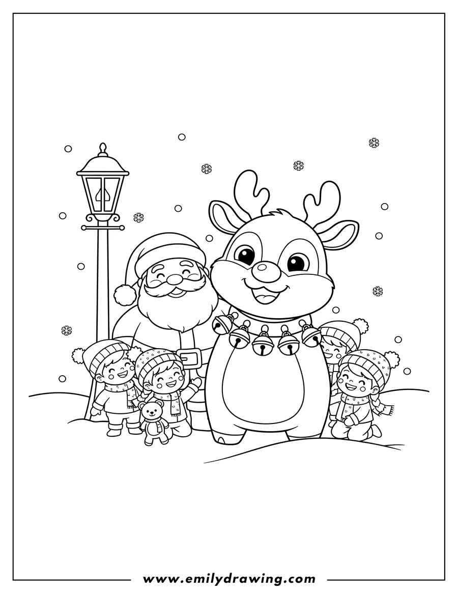Downloadable coloring page of chibi Rudolph with a bell collar and smiling Santa under a lamppost, preschoolers