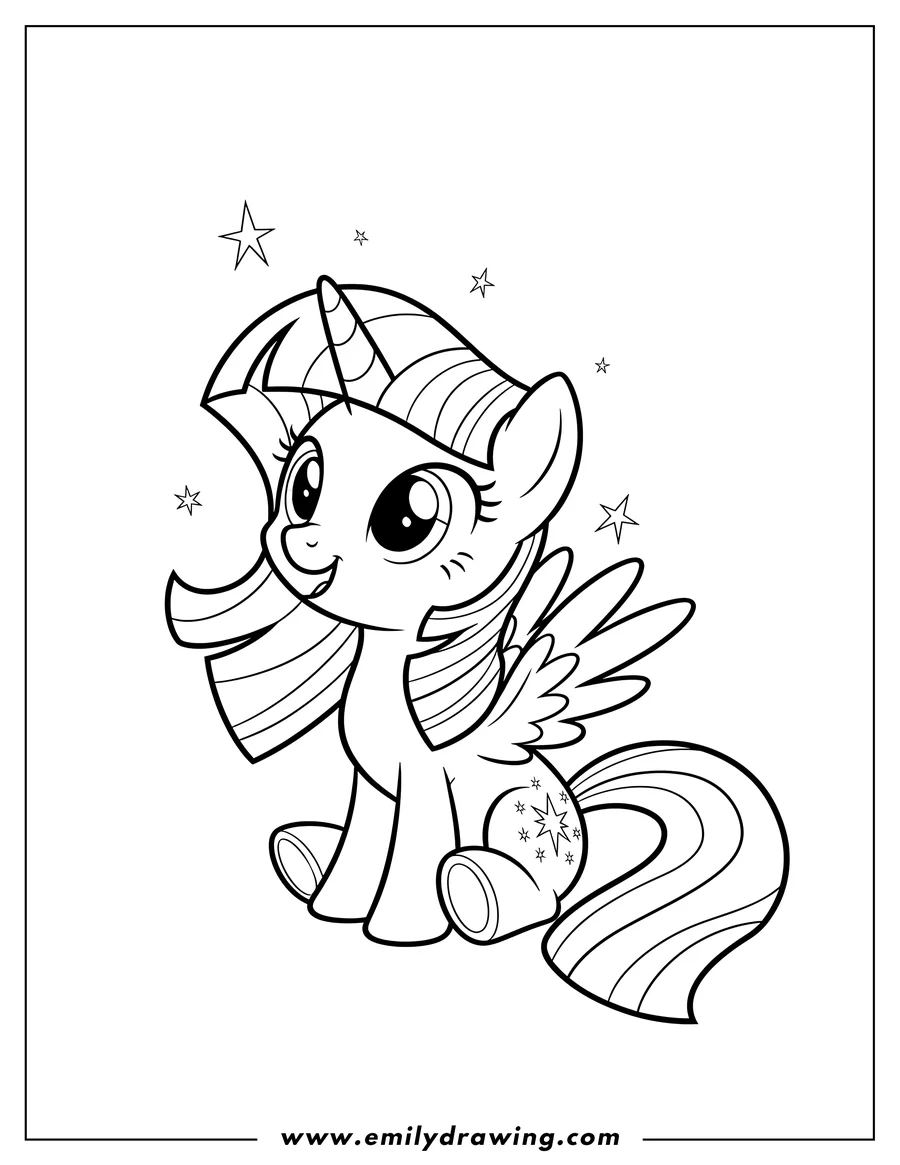 Downloadable coloring page of chibi Twilight Sparkle sitting and looking up, with a star cutie mark