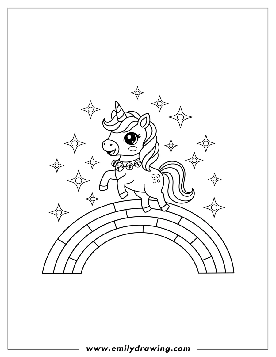 Downloadable coloring page of chibi Unicorn Prancing on Hind Legs on a Rainbow with Bell Collar and Sparkling Stars