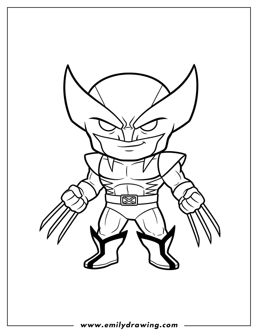 Doodle style coloring picture of chibi X Men Wolverine standing with claws out