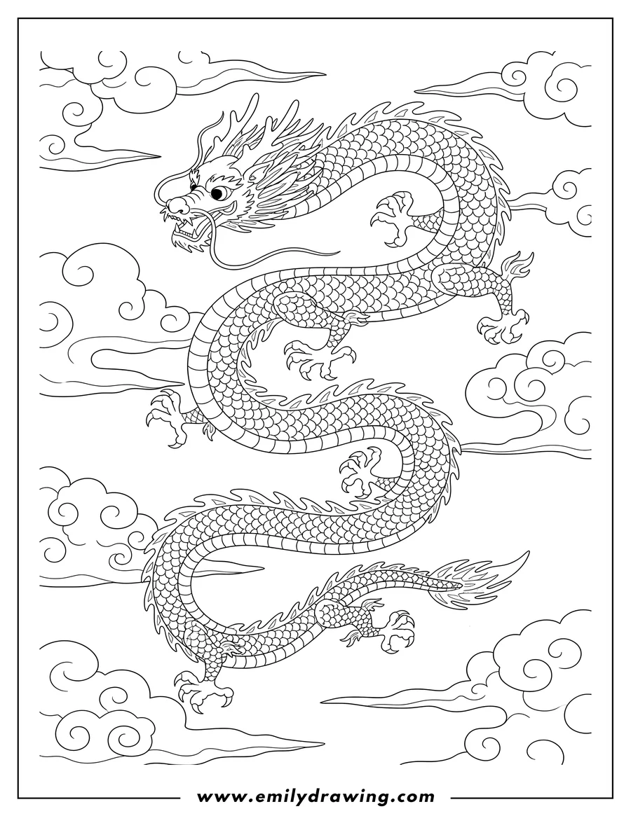 Downloadable coloring page of [Scene]: Chinese dragon in a winding pose flying in a cloudy sky