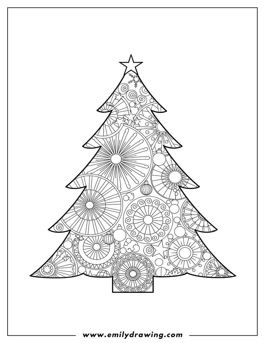 Printable line art of christmas Tree Mandala coloring page, with intricate pattern filling the tree shape