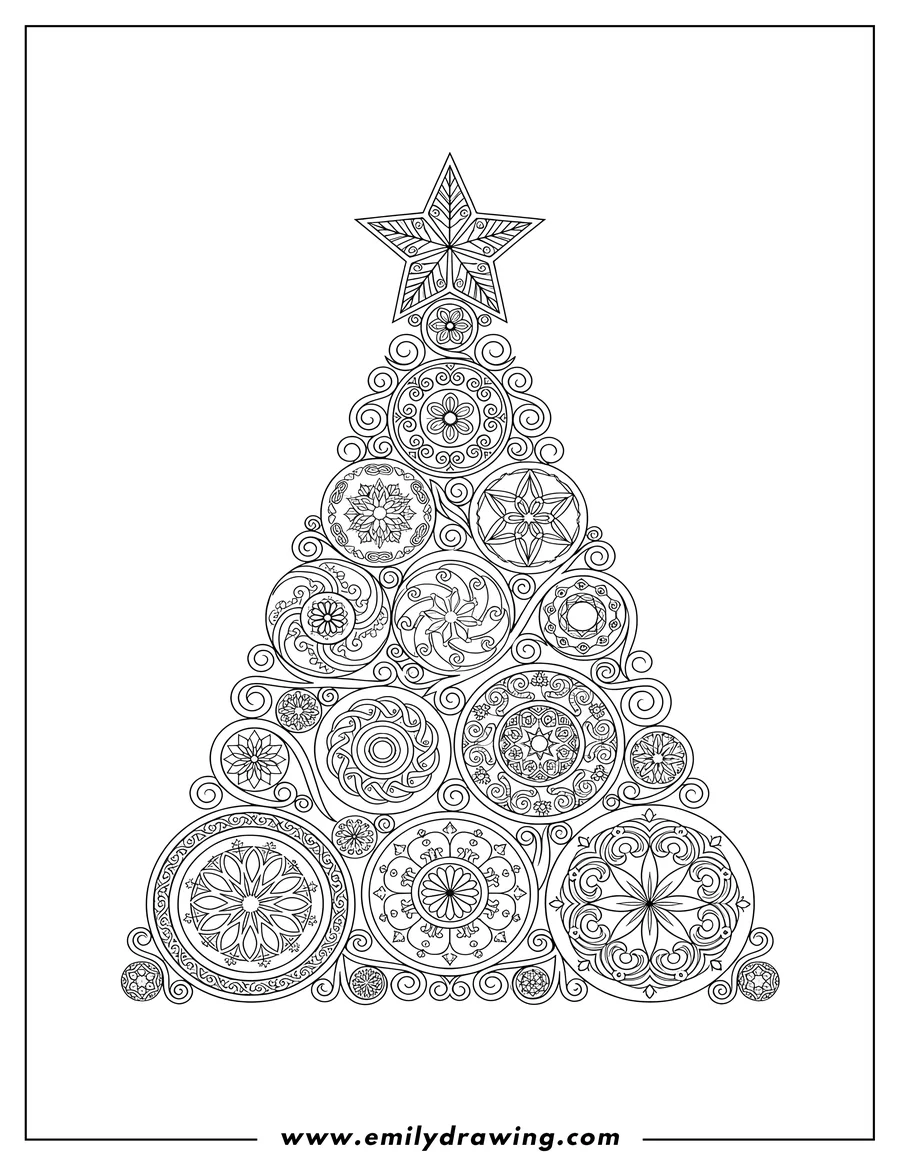 Free to print drawing of christmas Tree Mandala with intricate patterns and a star on top, for coloring