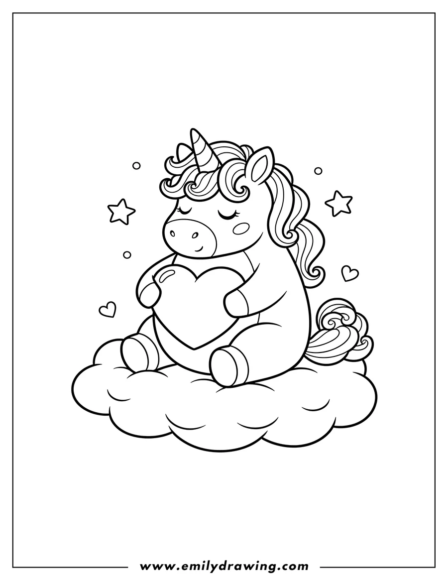 Free to print drawing of chubby Little Unicorn Sitting On Cloud, holding a heart, with eyes closed