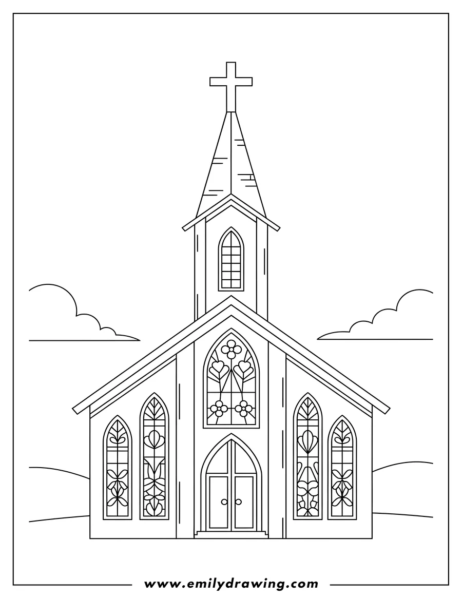 Printable line art of church With Stained Glass Windows, steeple, and cross