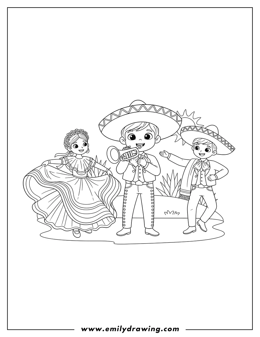 Downloadable coloring page of cinco de Mayo mariachi trumpeter playing, with male and female folk dancers in traditional costumes