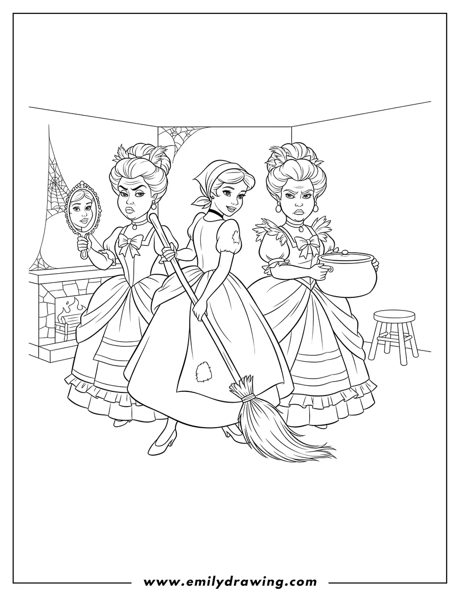 Coloring sheet featuring cinderella with a broom, and her ugly stepsisters holding a mirror and a pot