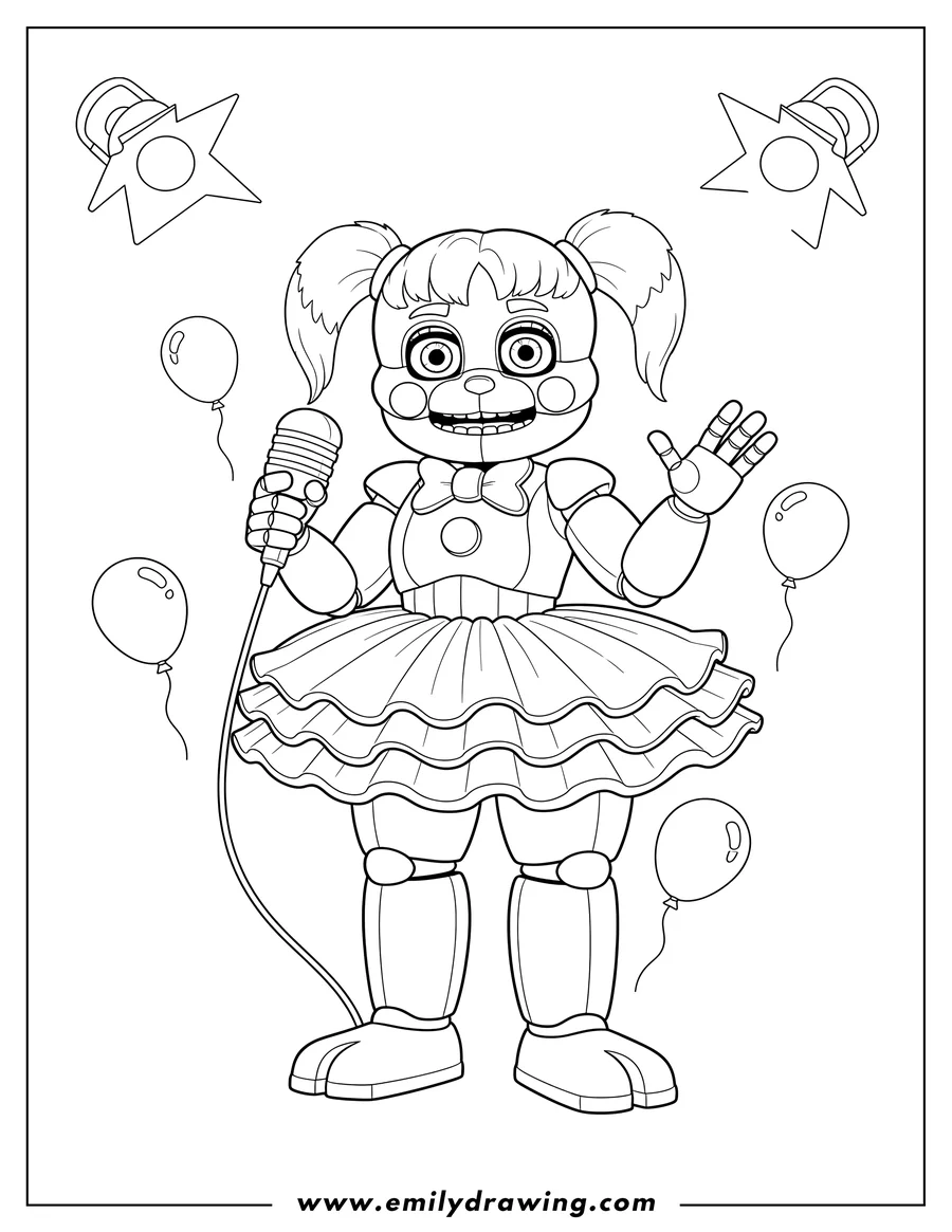 Linear illustration of five Night At Freddy S Sister Location Circus Baby holding a microphone and wearing a ruffled skirt