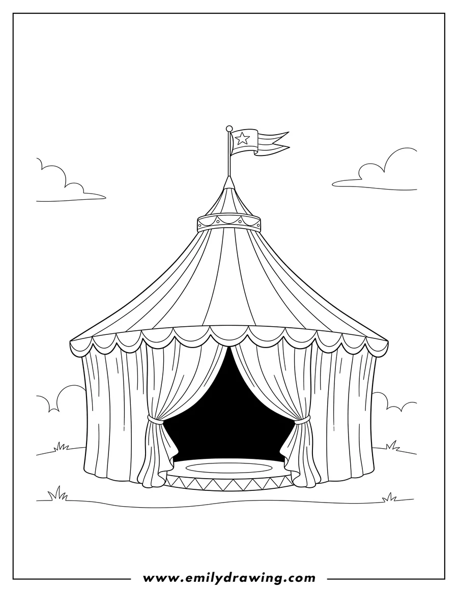 High quality printable circus Tent with a flag and a curtained entrance for coloring