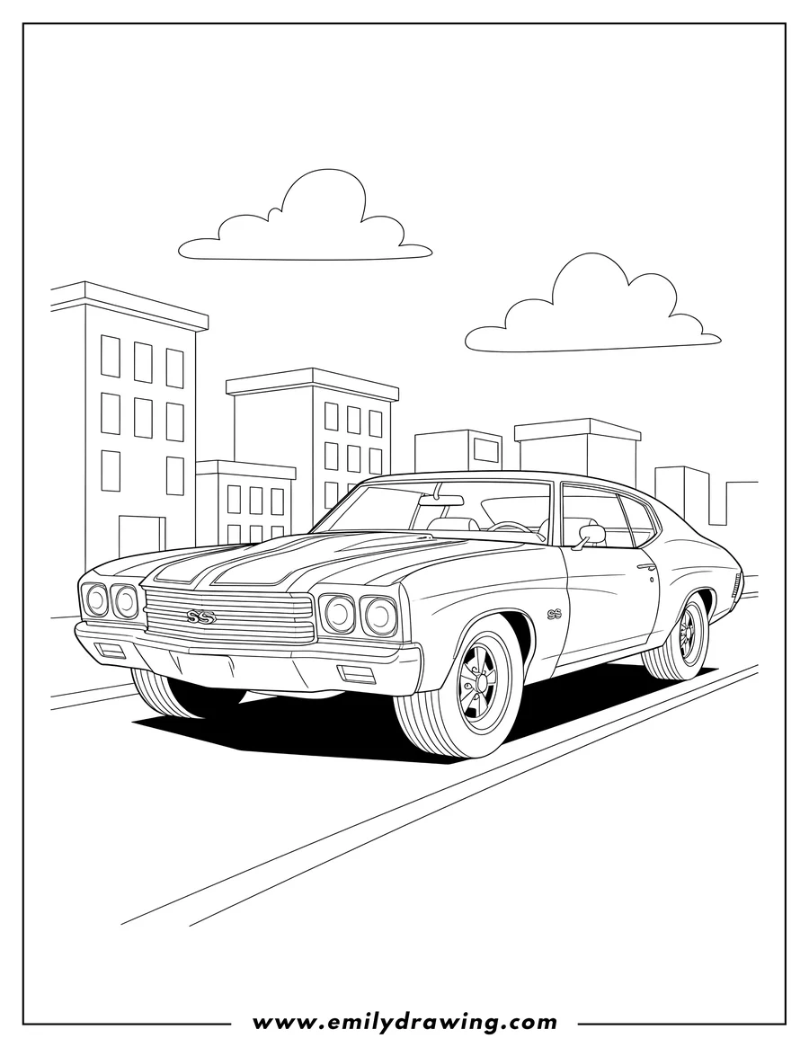 Printable line art of classic 1970 Chevrolet Chevelle SS muscle car driving in the city