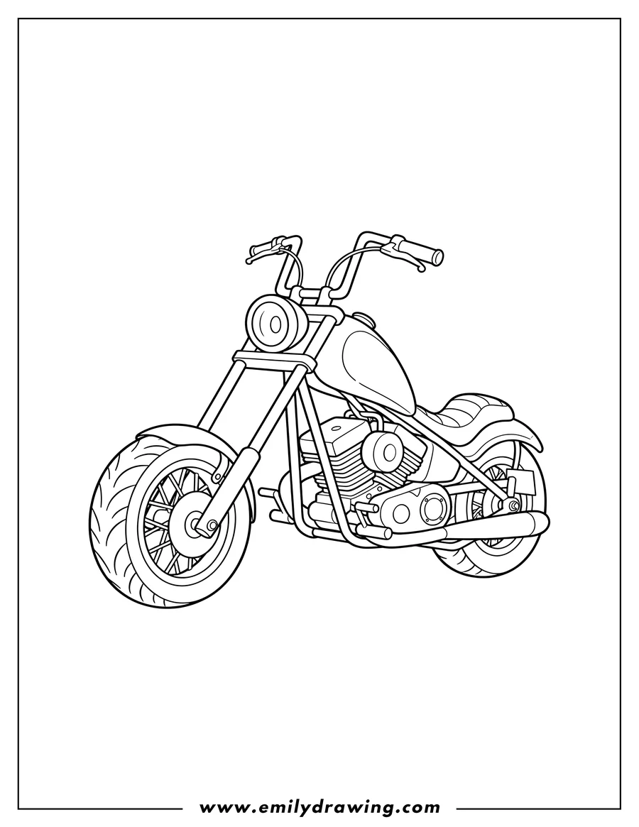 High quality printable chopper motorcycle with a detailed engine and long front forks for coloring