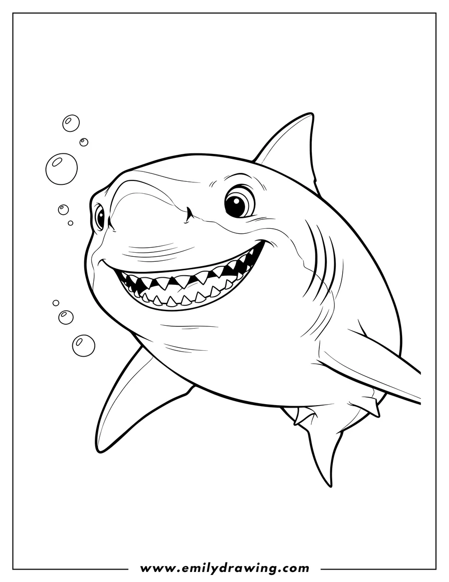 Printable coloring page of close Up Realistic Great White Shark, smiling with teeth showing, facing forward