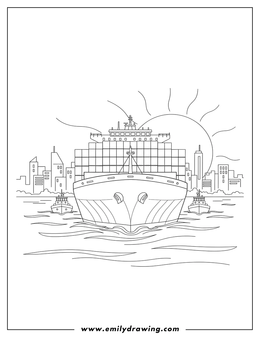 Downloadable coloring page of large container ship viewed from the front, leading two smaller ships through a city harbor at sunset