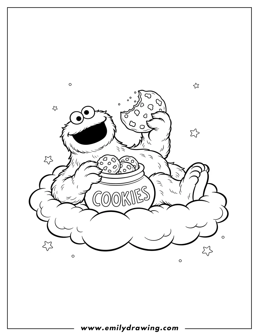 Free printable coloring sheet of cookie Monster lying down on clouds, holding a cookie, with a cookie jar