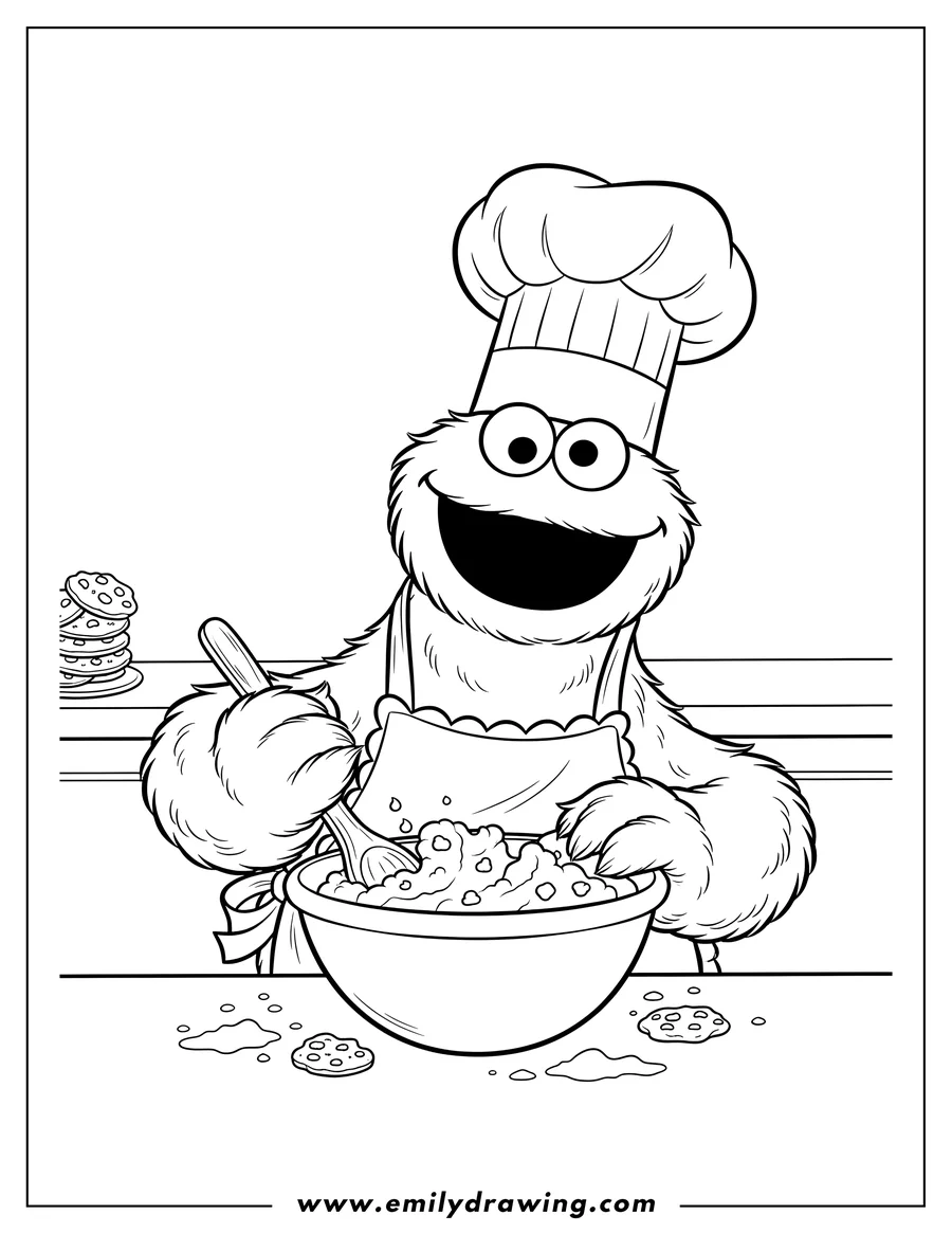 Simple sketch of cookie Monster wearing a chef's hat and apron, smiling while mixing cookie dough with a spoon to color