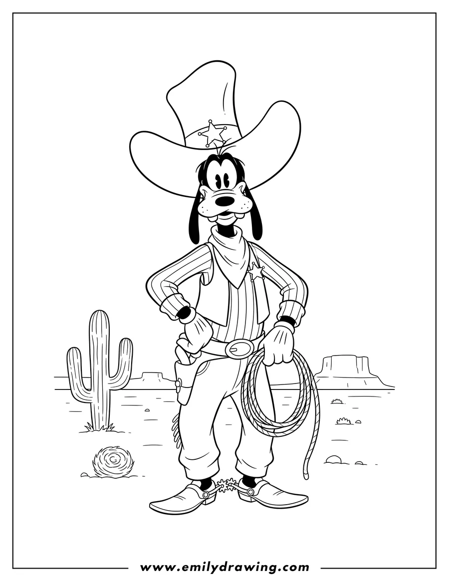 Clean line drawing: cowboy Goofy Wild West, standing in a hat and striped shirt