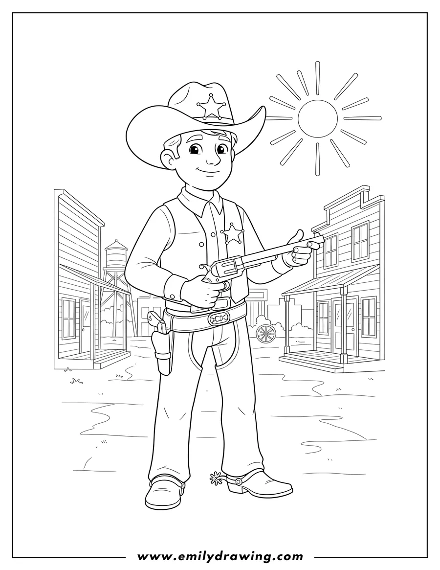Printable coloring page of cowboy Sheriff Standing Holding Revolver Old West Town