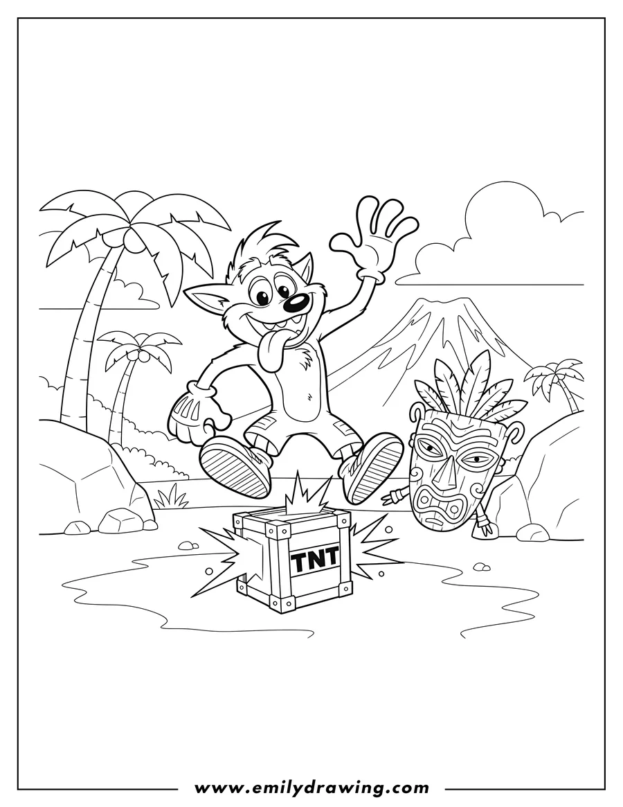 Simple sketch of crash Bandicoot stomping on a TNT box with his tongue out and one hand raised, Aku Aku floating beside him to color