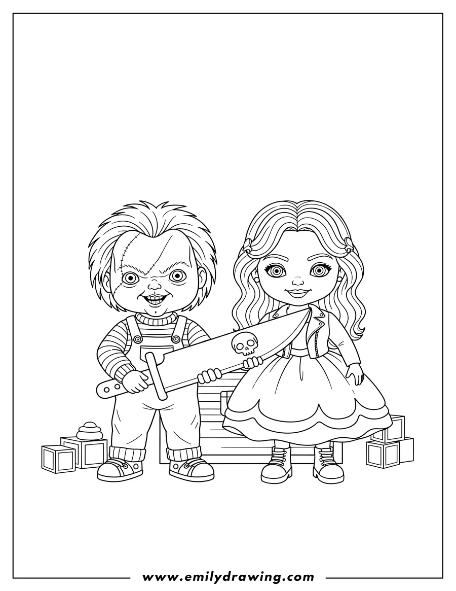 Free printable coloring sheet of creepy Chucky and Tiffany holding a knife