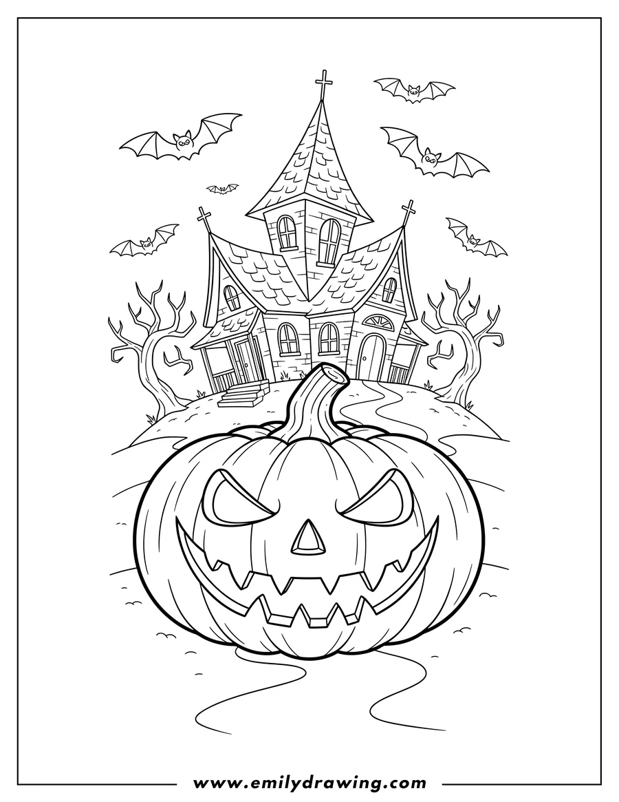 Printable line art of A large, creepy, grinning Jack O Lantern with flying bats in front of a haunted house
