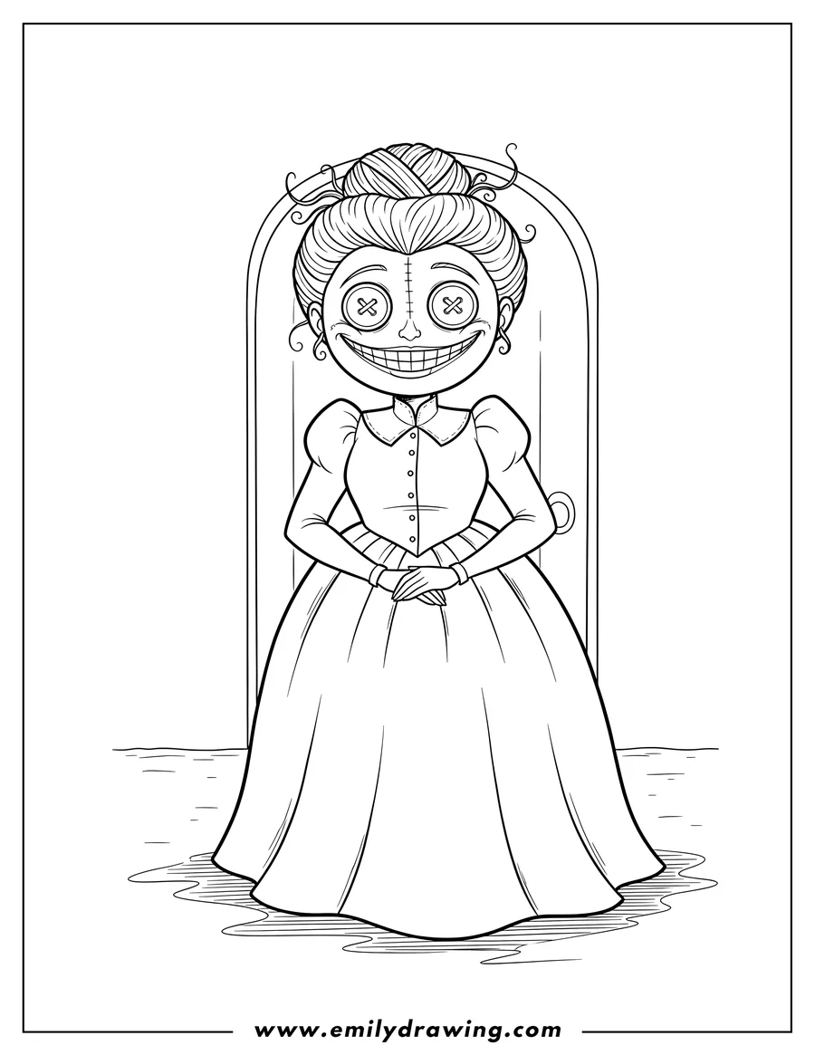 Linear illustration of creepy Other Mother with button eyes, standing, smiling
