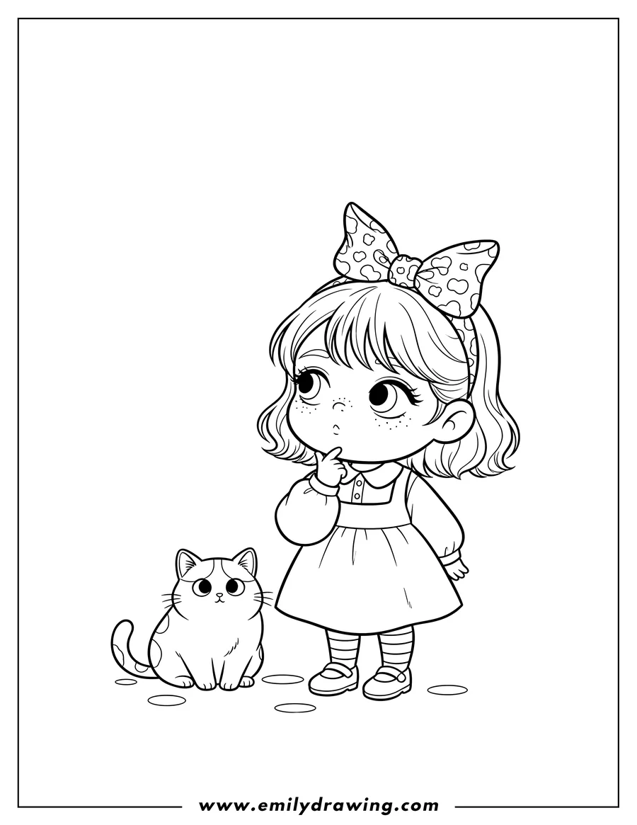 Doodle style coloring picture of curious chibi girl with hand on chin and her cat