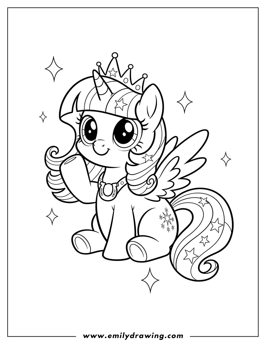 Black and white line art of cute alicorn Twilight Sparkle with big eyes for preschoolers