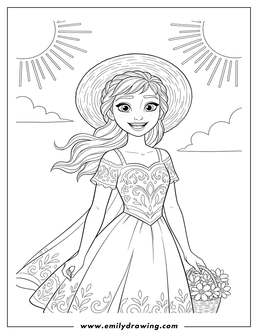 Clean line drawing: cute Anna from Frozen in summer clothes, with a braided updo, smiling