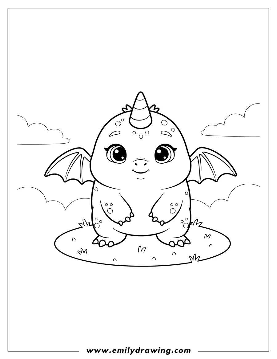 Clean line drawing: cute baby Draggle from Hatchtopia with wings and a horn, standing