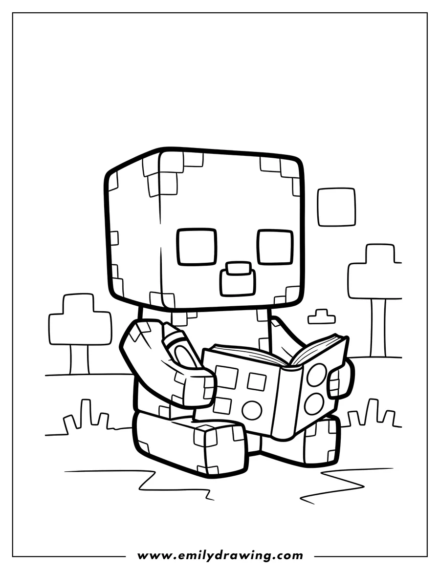 Printable line art of cute Baby Minecraft Zombie, sitting, coloring page