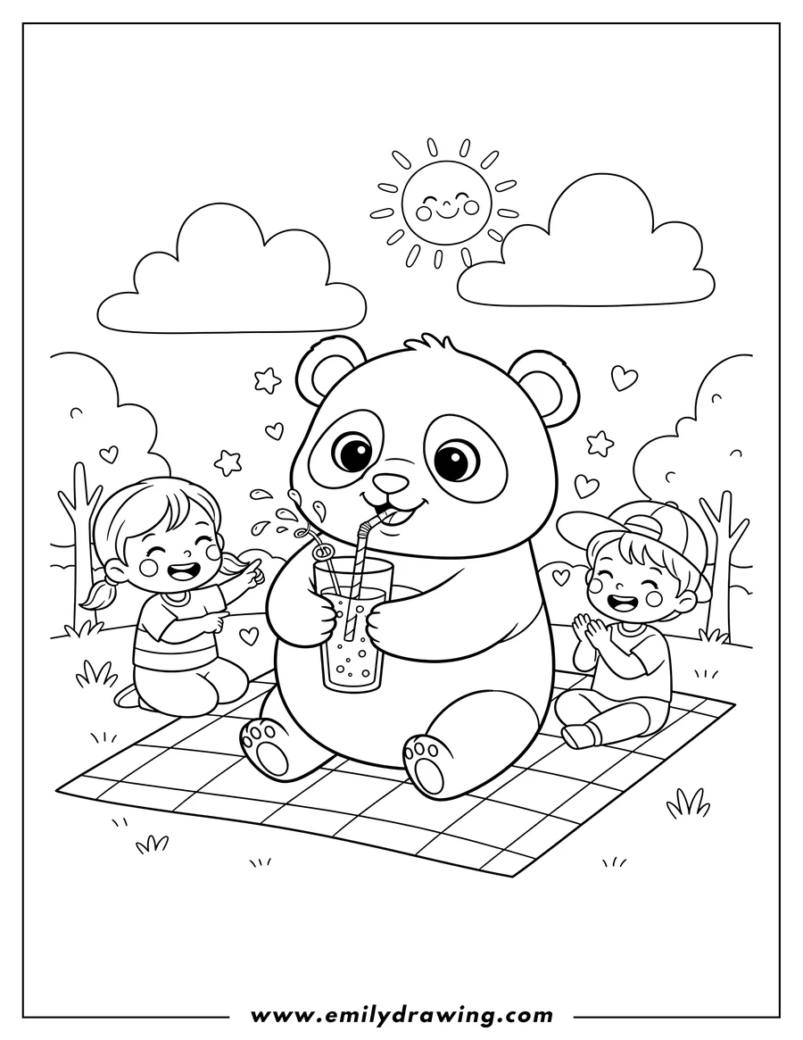 Printable coloring page of cute baby panda smiling, drinking from a glass with a straw, preschoolers