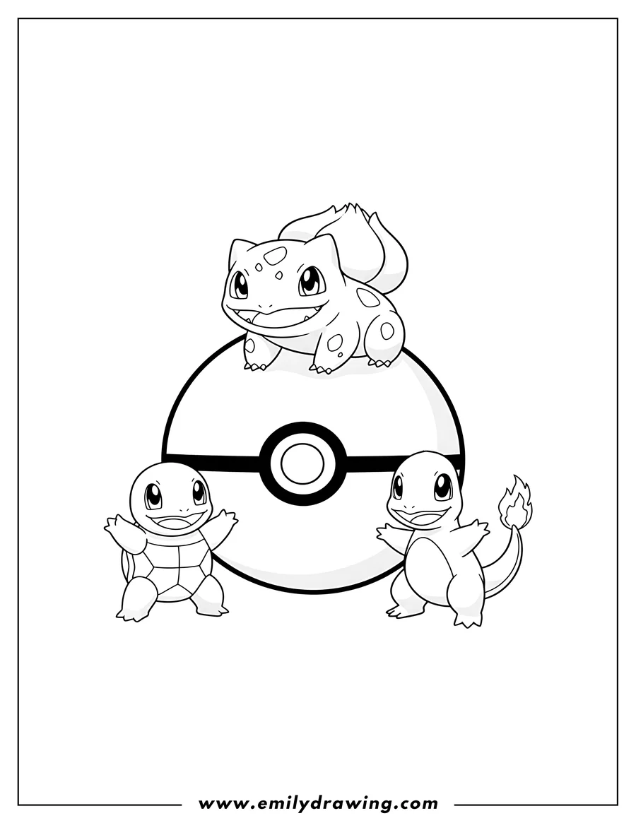 Coloring page of cute Bulbasaur sitting on top of a Pokeball, with smiling Squirtle and Charmander, Charmander's tail aflame, at the base