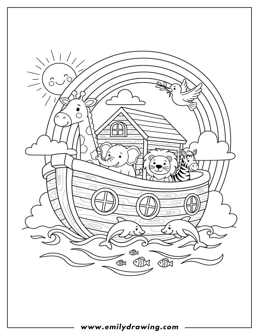 PDF style coloring page: cute Cartoon Noah S Ark with many animals, a rainbow, and dolphins swimming