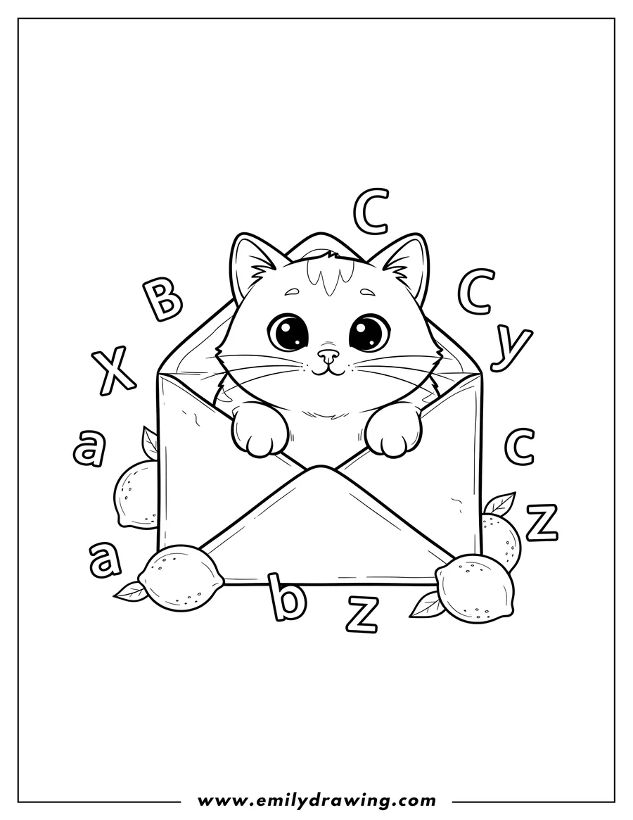 Free printable coloring sheet of cute Cat peeking out of an open envelope, surrounded by lemons and letters
