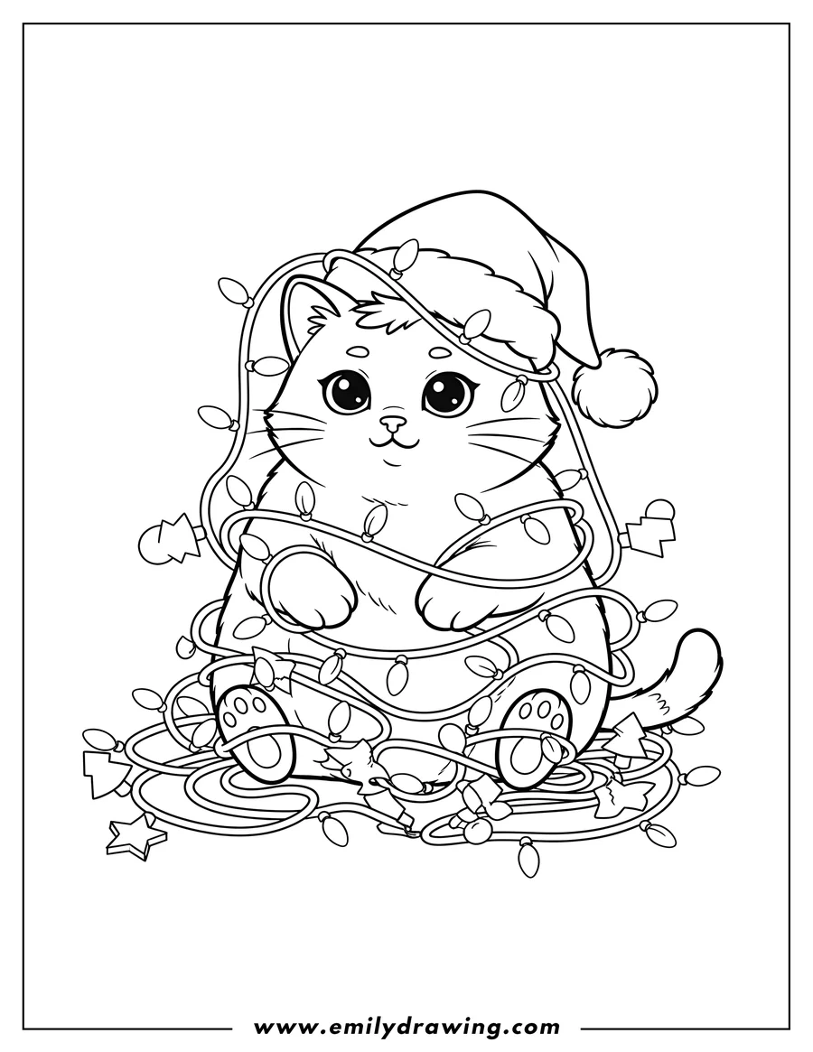 Outline drawing of cute Christmas cat wearing a Santa hat, sitting and tangled in holiday lights