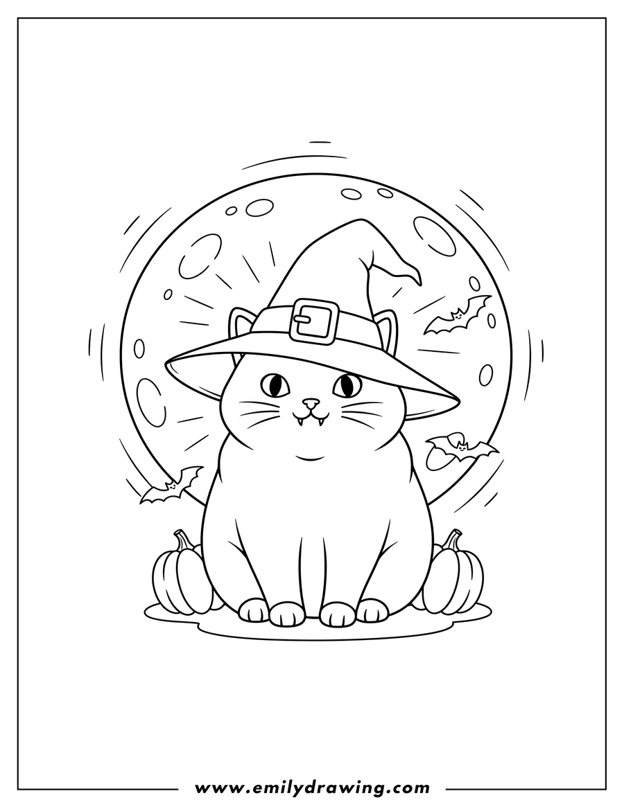 Vector style outline of cute sitting Cat with fangs and Witch S Hat On Full Moon