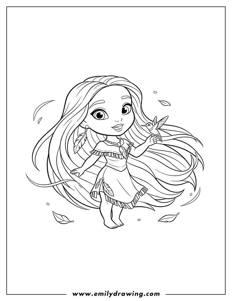 Vector style outline of cute chibi Disney Pocahontas standing with long flowing hair