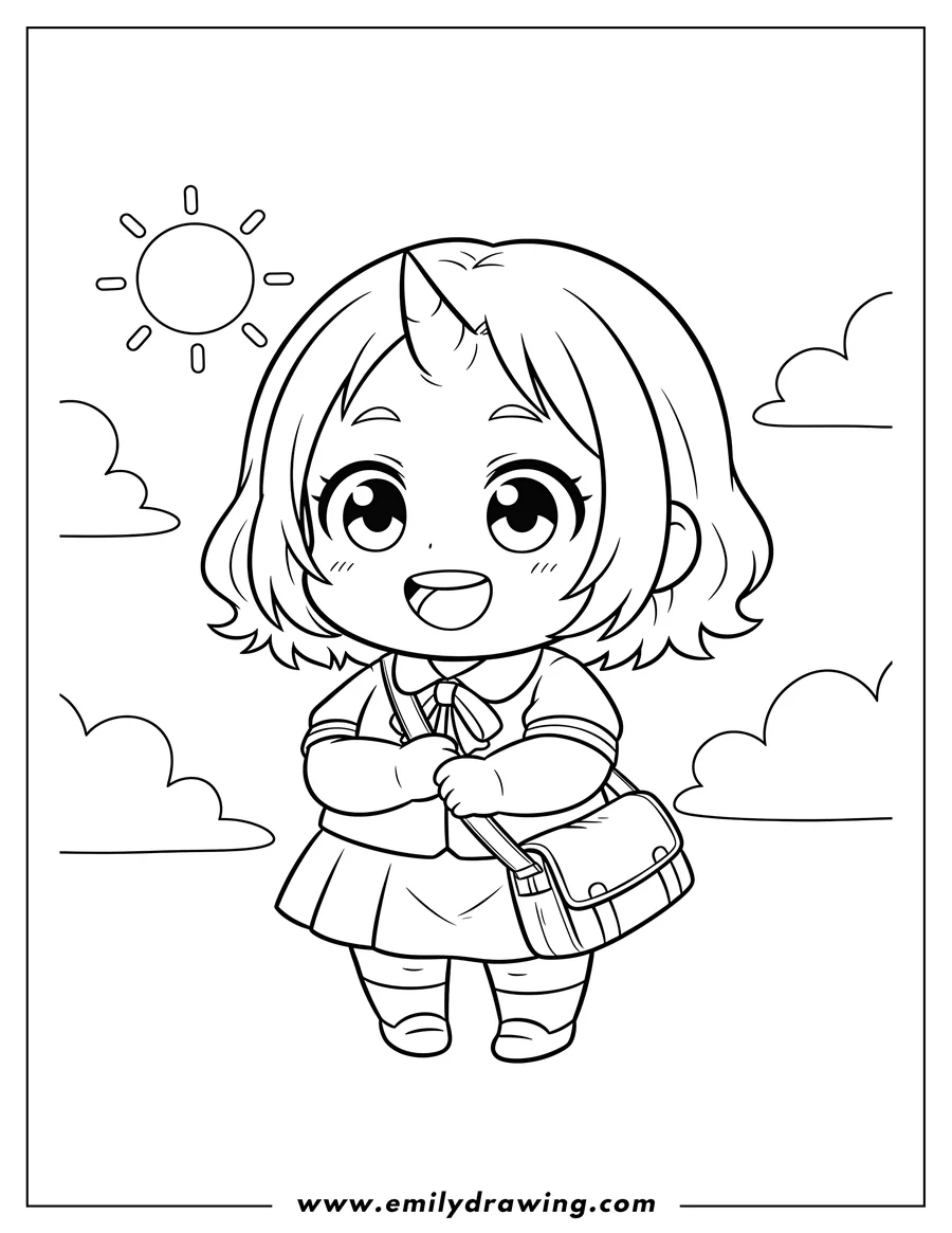 Printable line art of cute Chibi Eri wearing a uniform, holding a satchel, and smiling