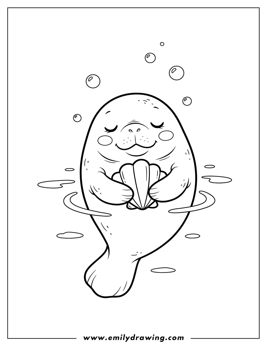 Free printable coloring sheet of cute Chibi Manatee floating with closed eyes and blush, holding a seashell, Preschoolers