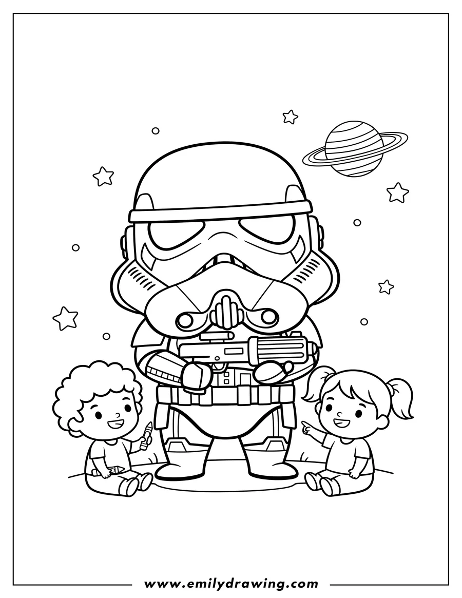 Downloadable coloring page of cute Chibi Stormtrooper holding a blaster, Preschoolers
