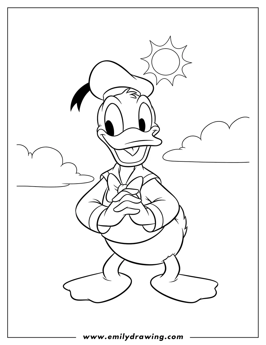 Clean line drawing: cute Donald Duck, smiling with hands together